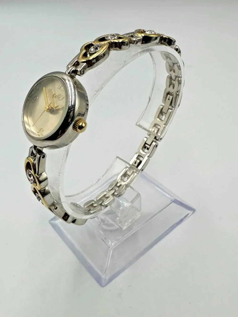 3/$30 Rhinestone Heart Band Watch Women Silver Gold Two Tone New Battery 7.5 